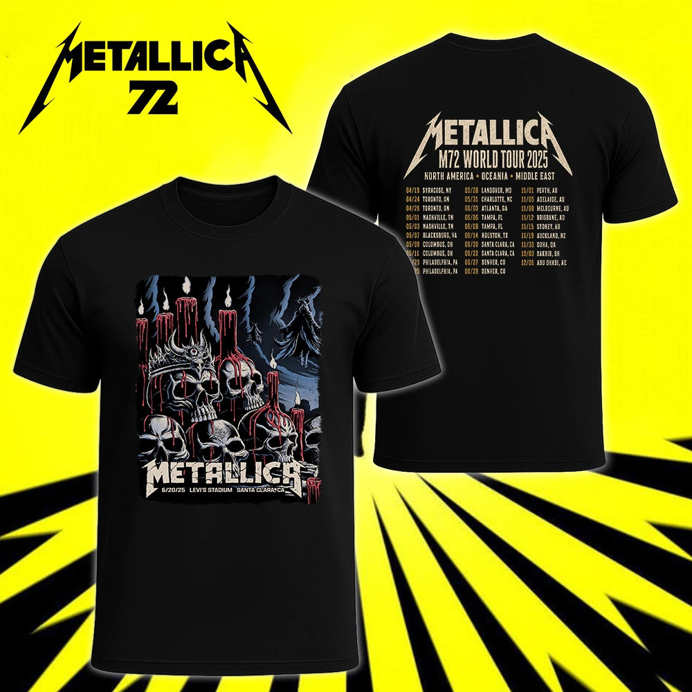 Metallica M72 World Tour June 20 2025 Levi's Stadium Santa Clara California United States 2 side T-shirt by Brandon Heart featuring skulls, melting red candles, a horned skull altar, ghostly cloaked figures, dark smoke and M72 tour back print.